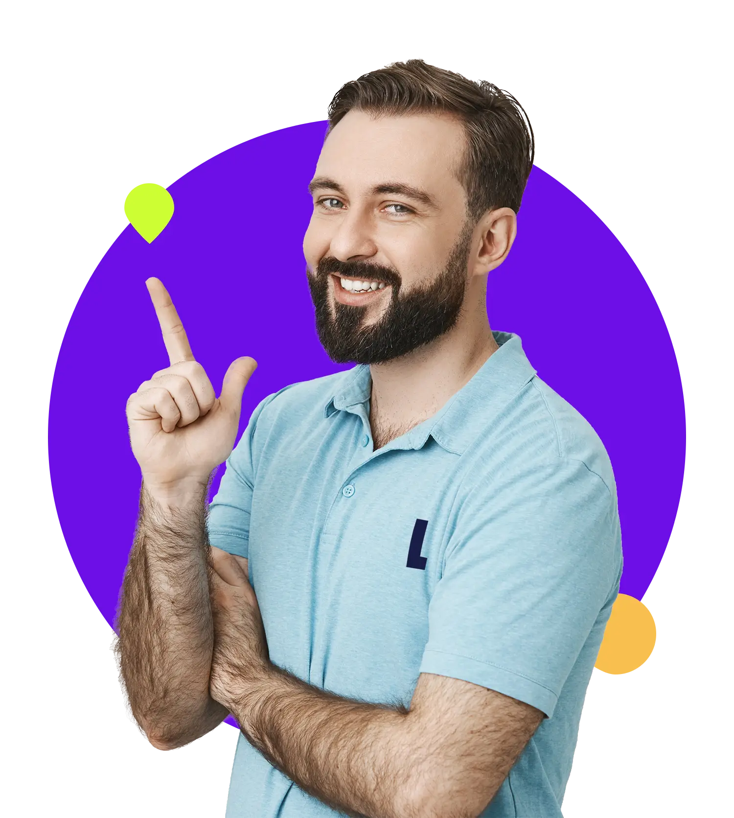 Profesional sonriente señalando hacia arriba con fondo morado y elementos decorativos, representando innovación tecnológica